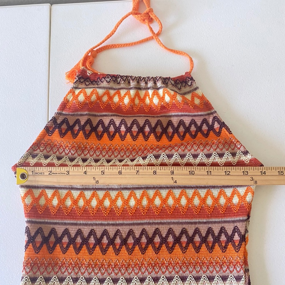 SHEIN Women Orange Geometric Knit Halter Midi Dress Fringe Hem Boho Size Medium - Picture 4 of 7
